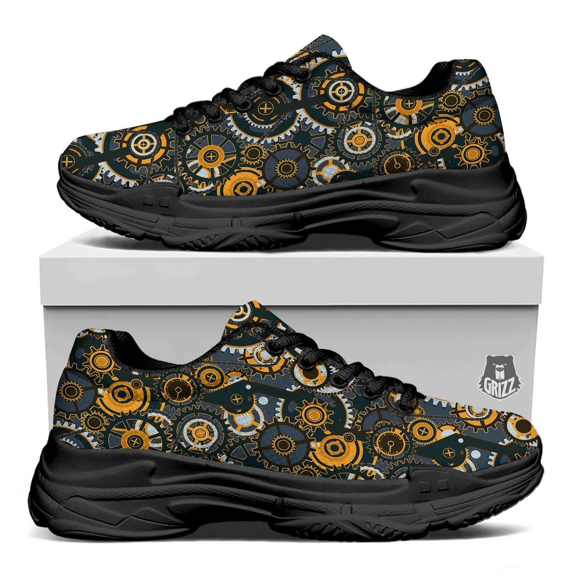 Steampunk Gears Print Pattern Black Chunky Shoes-grizzshop