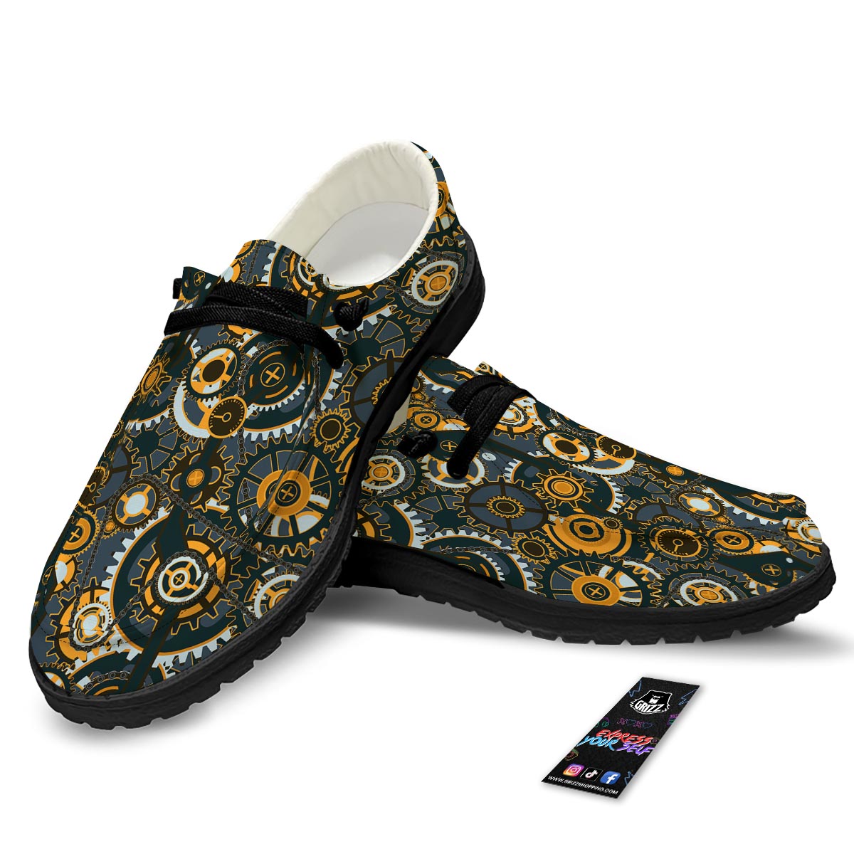Steampunk Gears Print Pattern Black Loafers-grizzshop