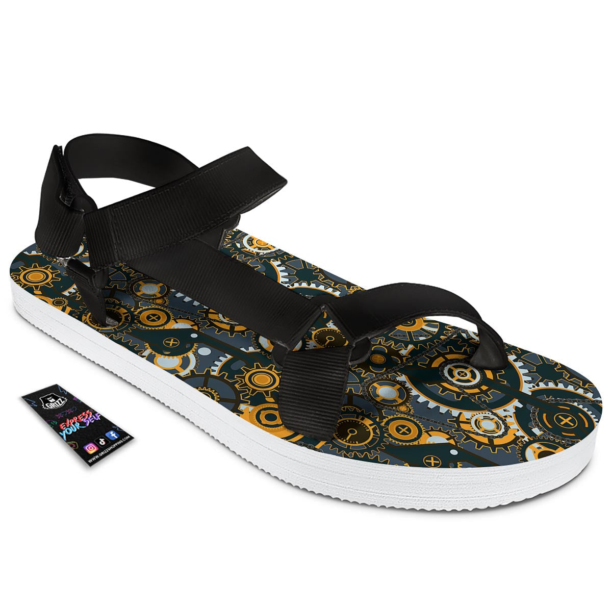 Steampunk Gears Print Pattern Black Open Toe Sandals-grizzshop