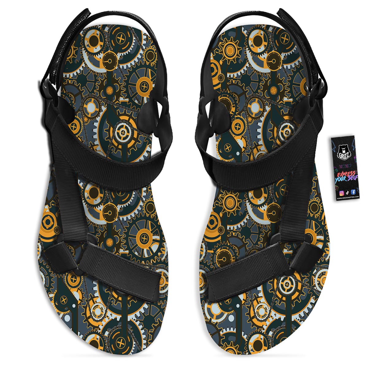 Steampunk Gears Print Pattern Black Open Toe Sandals-grizzshop