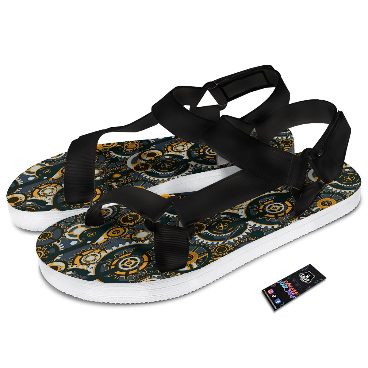 Steampunk Gears Print Pattern Black Open Toe Sandals-grizzshop