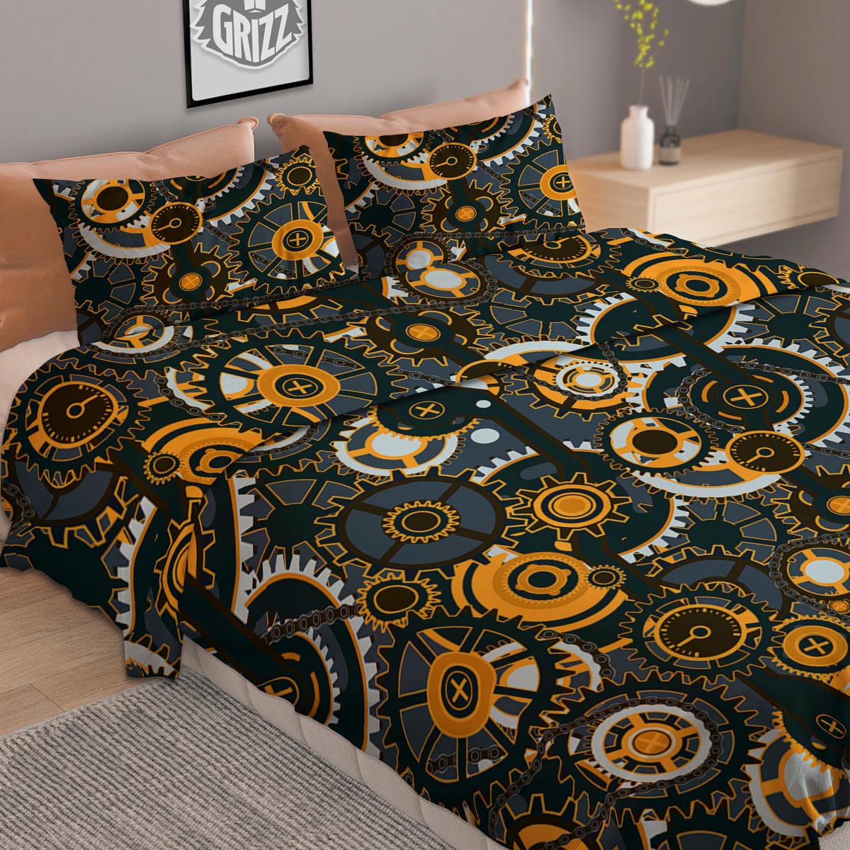 Steampunk Gears Print Pattern Duvet Cover Bedding Set