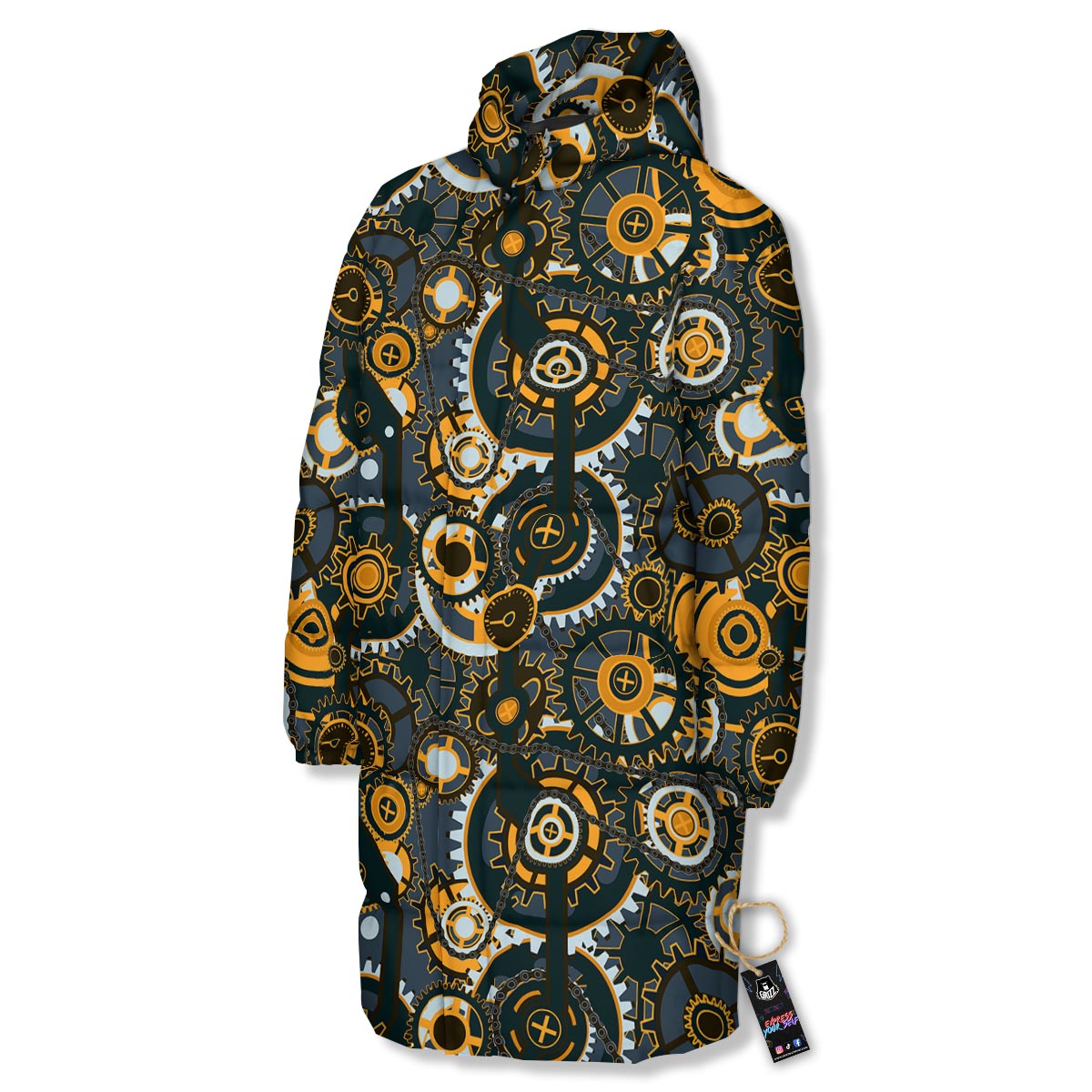 Steampunk Gears Print Pattern Long Down Jacket-grizzshop