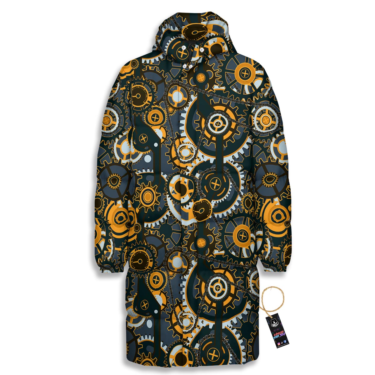 Steampunk Gears Print Pattern Long Down Jacket-grizzshop
