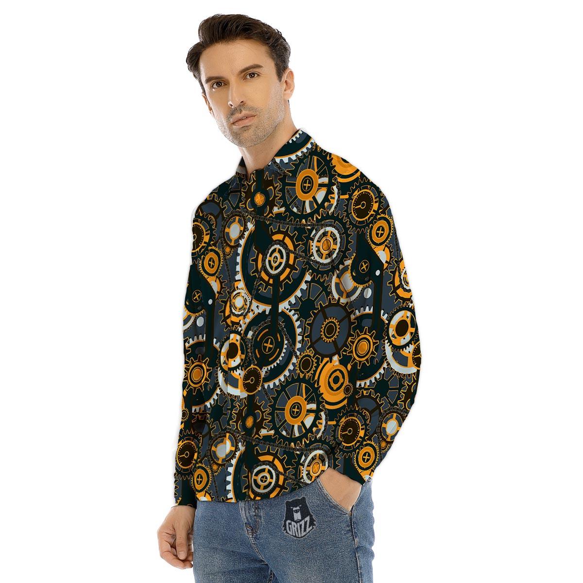 Steampunk Gears Print Pattern Men's Dress Shirts-grizzshop