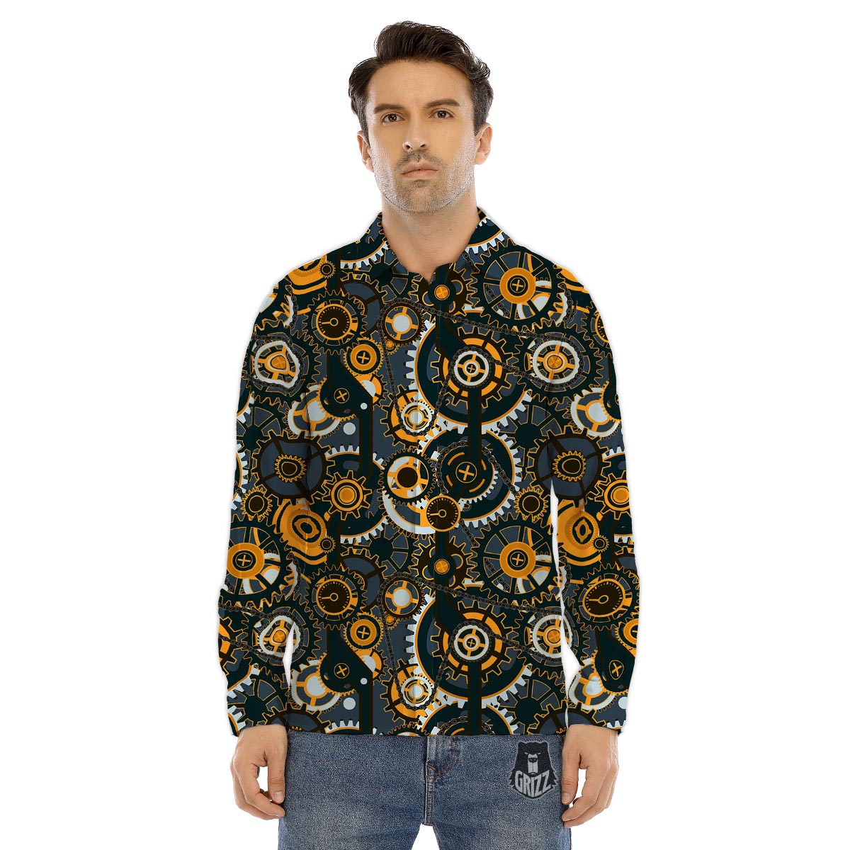 Steampunk Gears Print Pattern Men's Dress Shirts-grizzshop