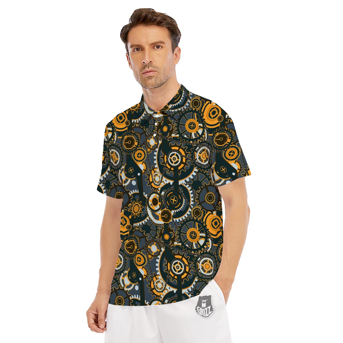 Steampunk Gears Print Pattern Men's Golf Shirts-grizzshop