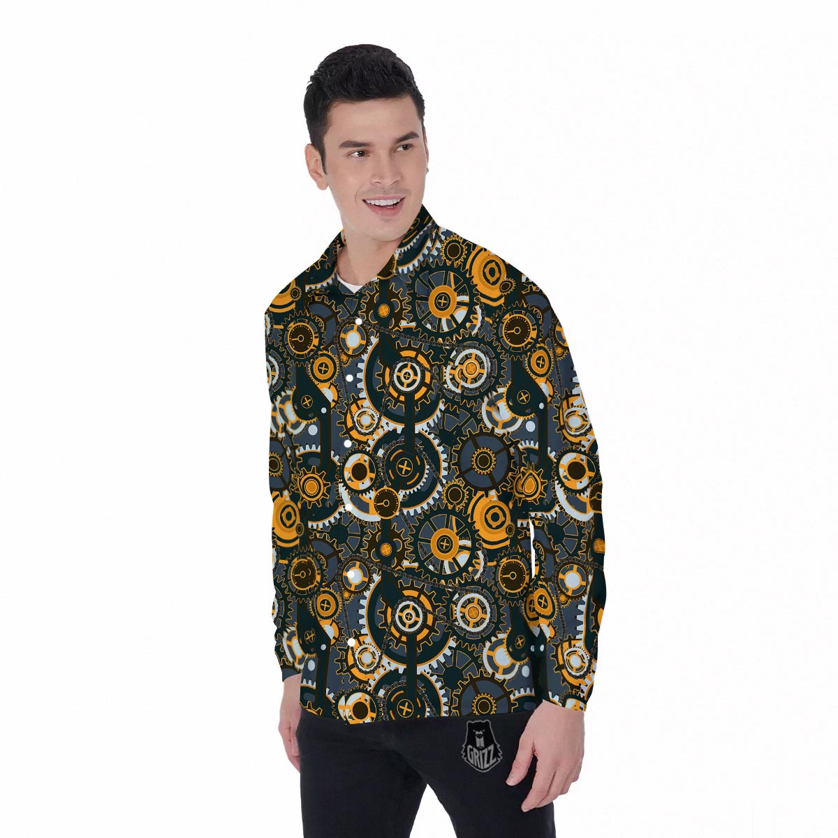 Steampunk Gears Print Pattern Men's Long Sleeve Shirts-grizzshop