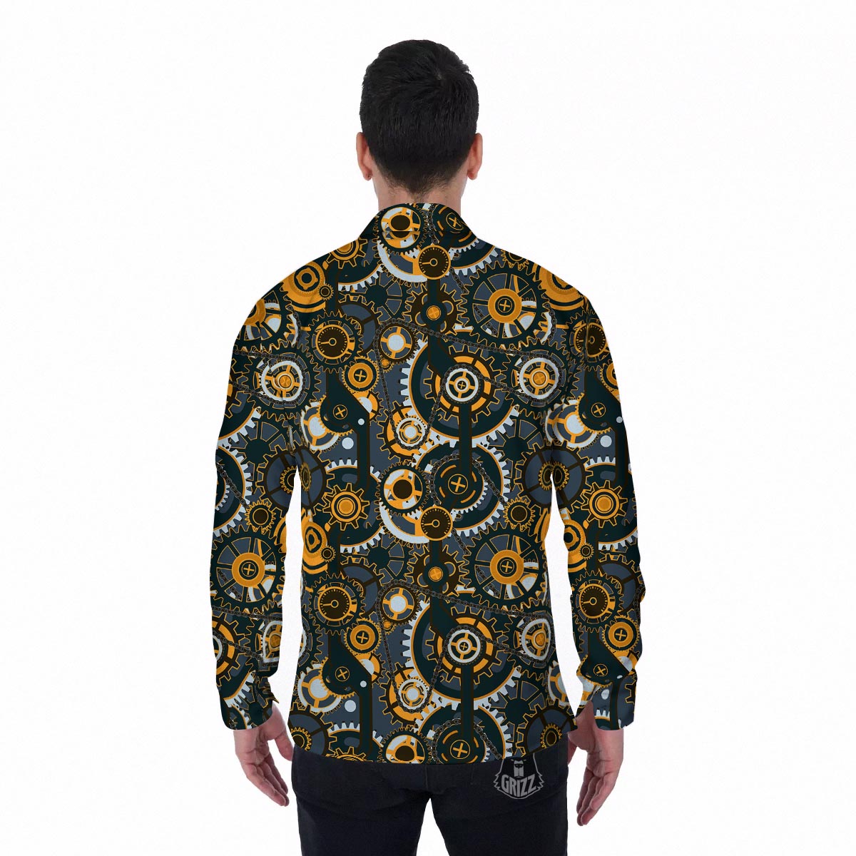 Steampunk Gears Print Pattern Men's Long Sleeve Shirts-grizzshop