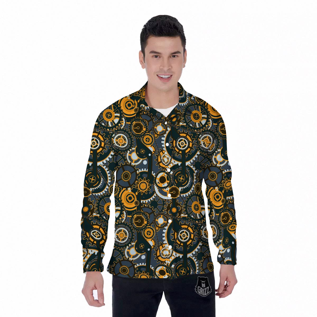 Steampunk Gears Print Pattern Men's Long Sleeve Shirts-grizzshop