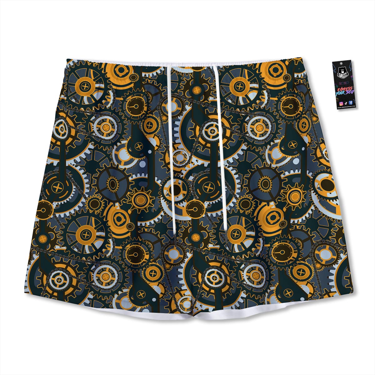 Steampunk Gears Print Pattern Mesh Shorts