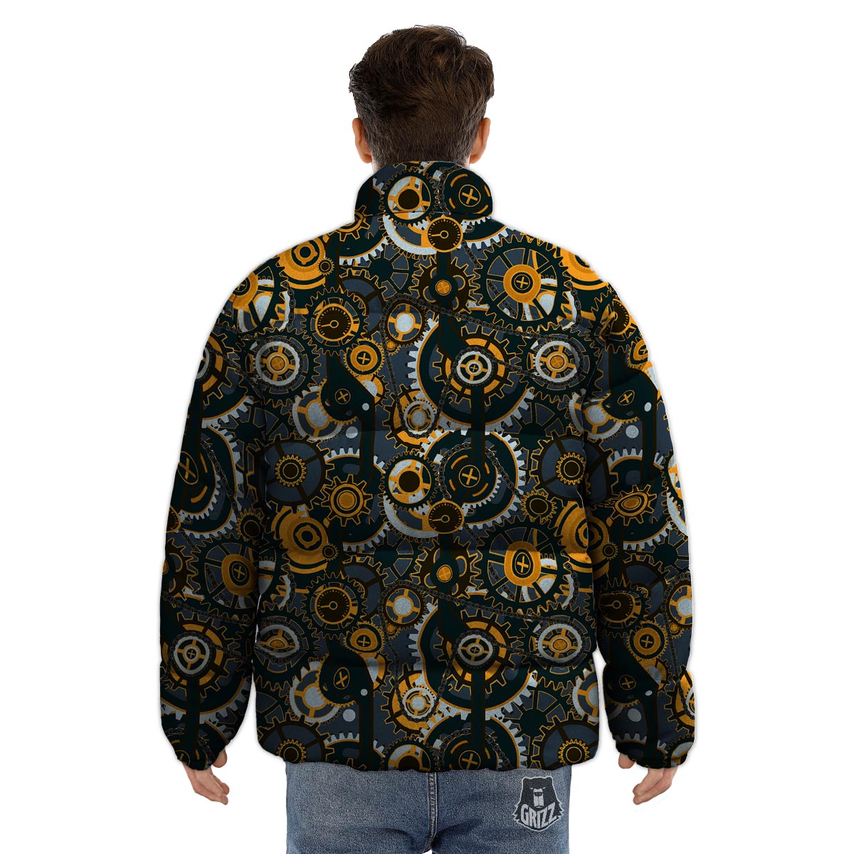 Steampunk Gears Print Pattern Puffer Jacket-grizzshop