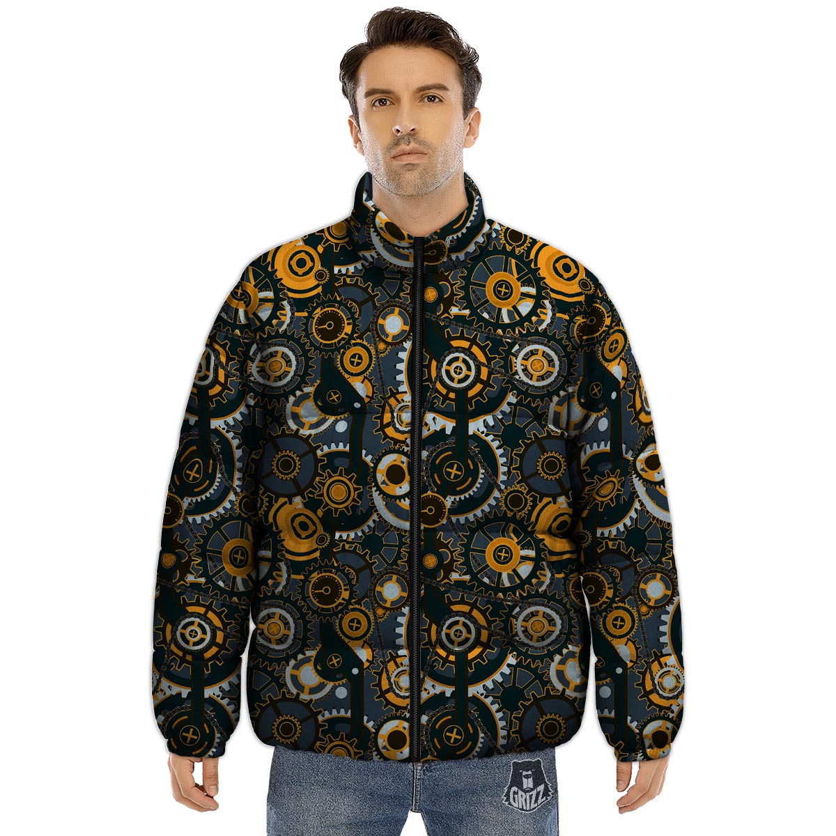 Steampunk Gears Print Pattern Puffer Jacket-grizzshop