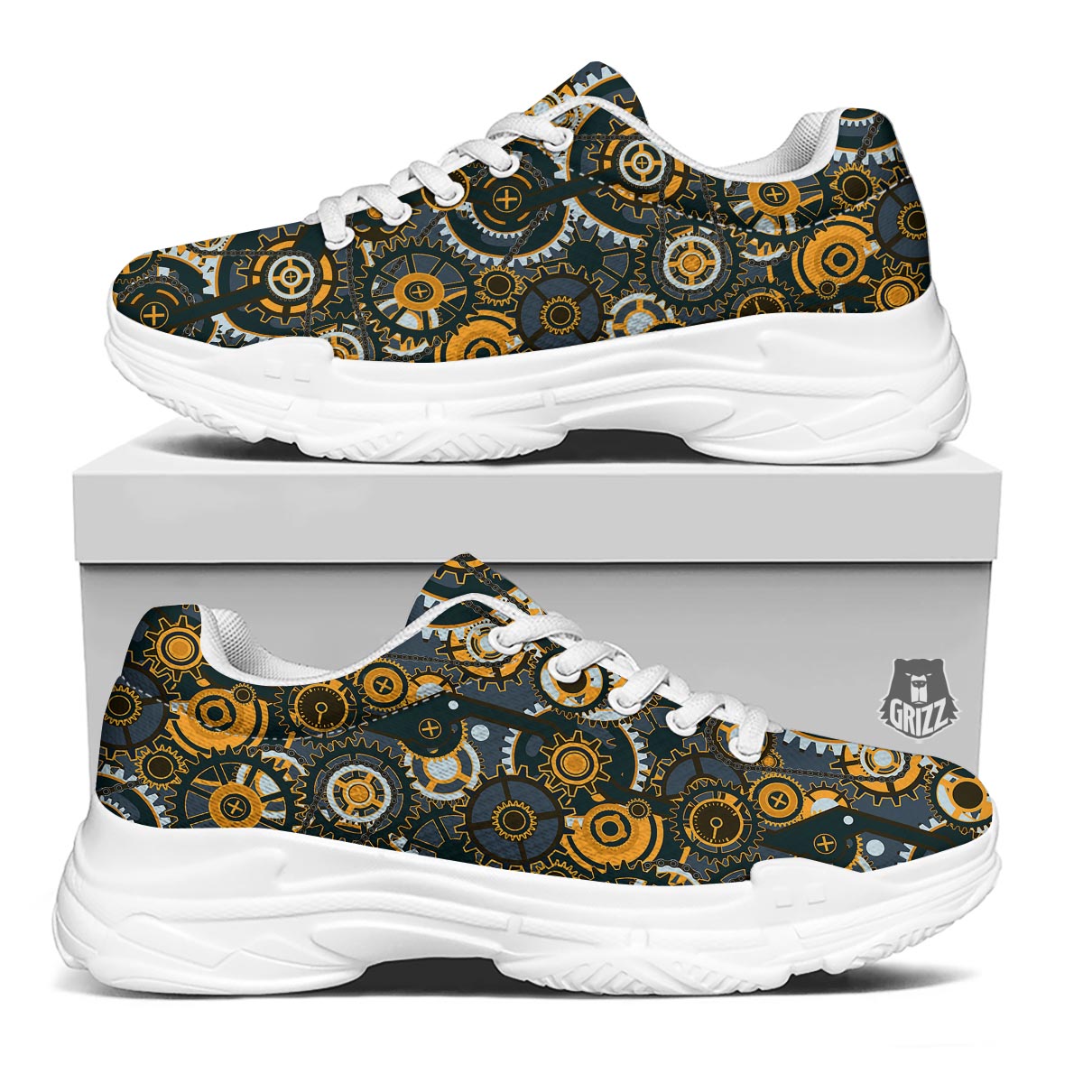 Steampunk Gears Print Pattern White Chunky Shoes-grizzshop