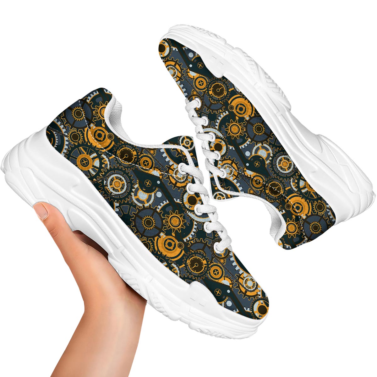 Steampunk Gears Print Pattern White Chunky Shoes-grizzshop
