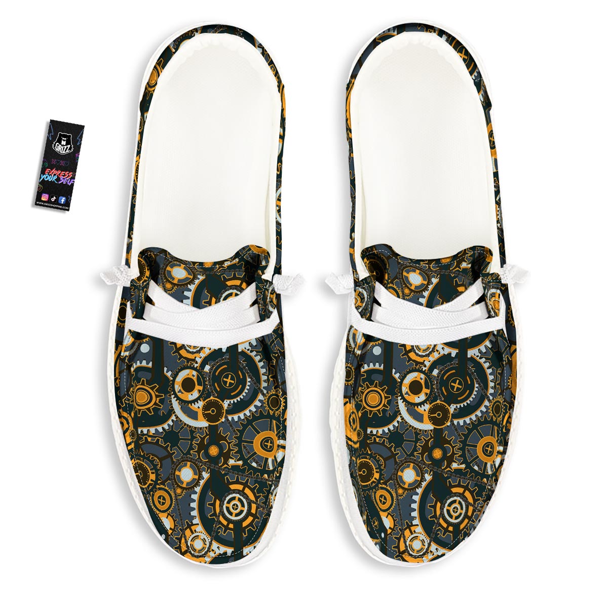 Steampunk Gears Print Pattern White Loafers-grizzshop