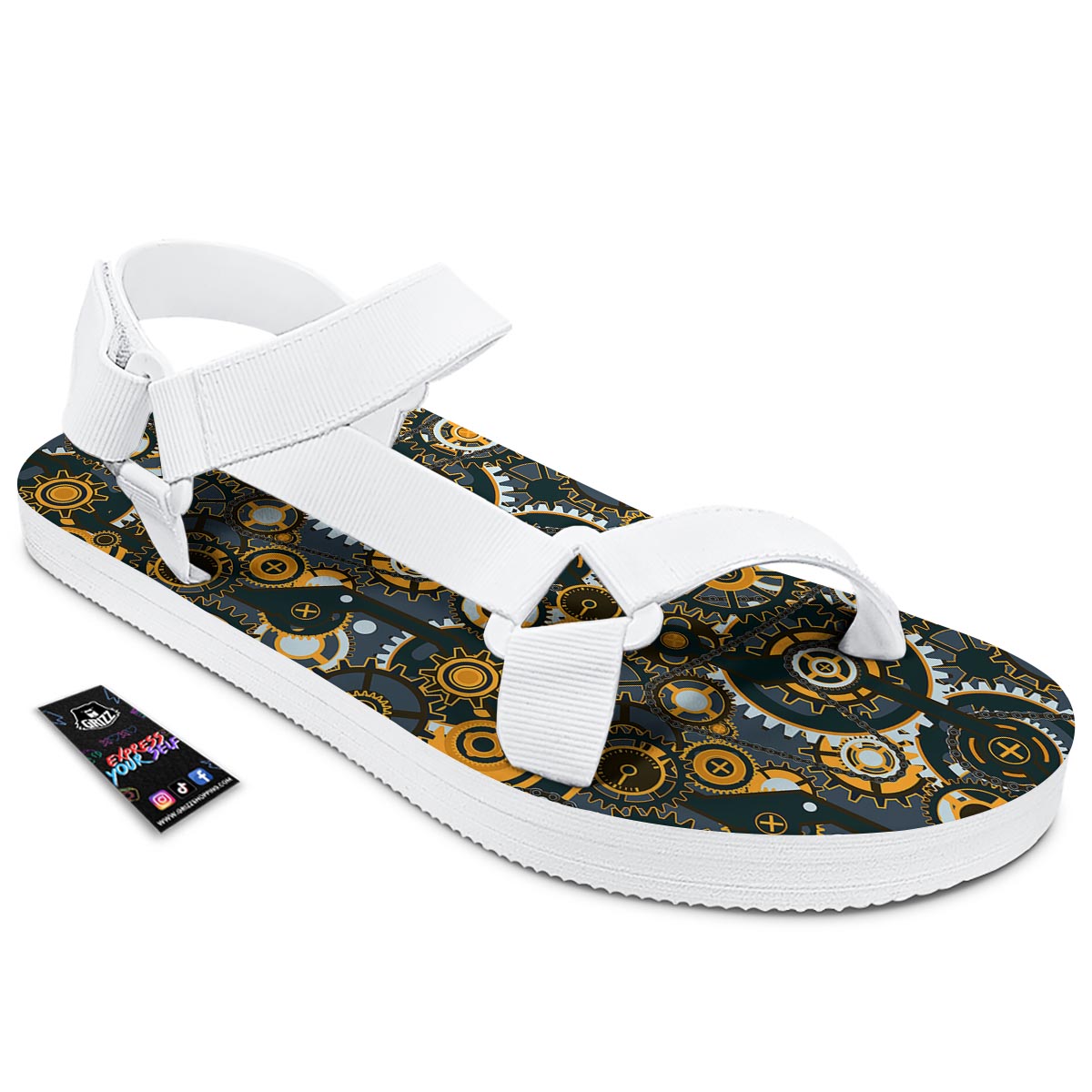 Steampunk Gears Print Pattern White Open Toe Sandals-grizzshop