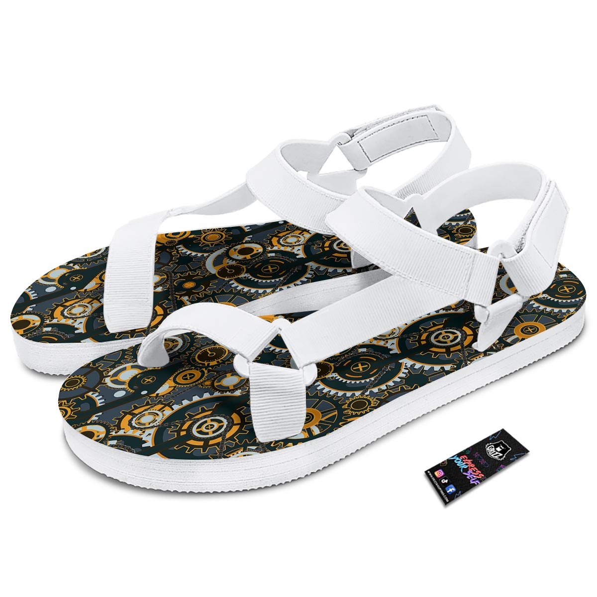Steampunk Gears Print Pattern White Open Toe Sandals-grizzshop