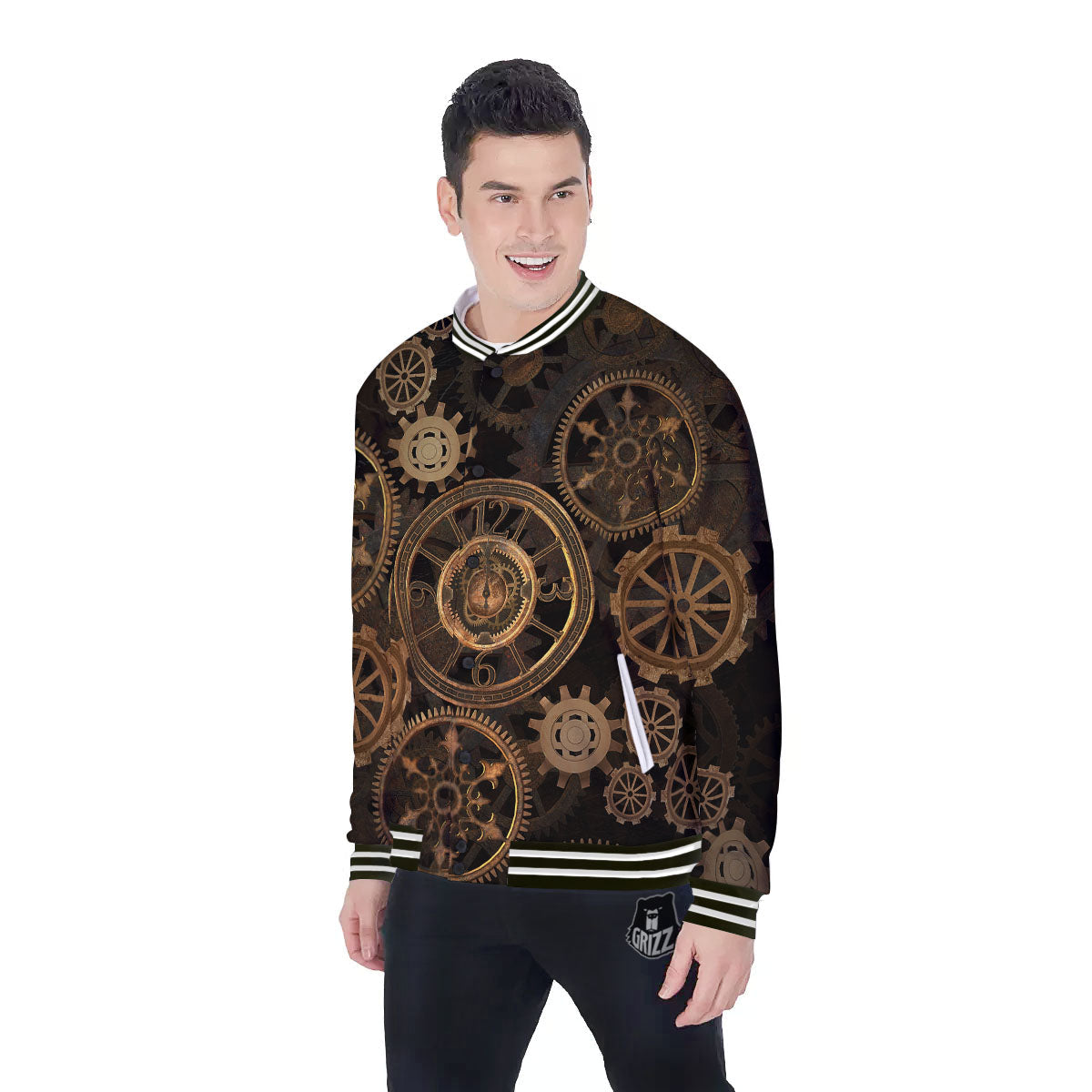 Steampunk Gears Vintage Print Baseball Jacket-grizzshop