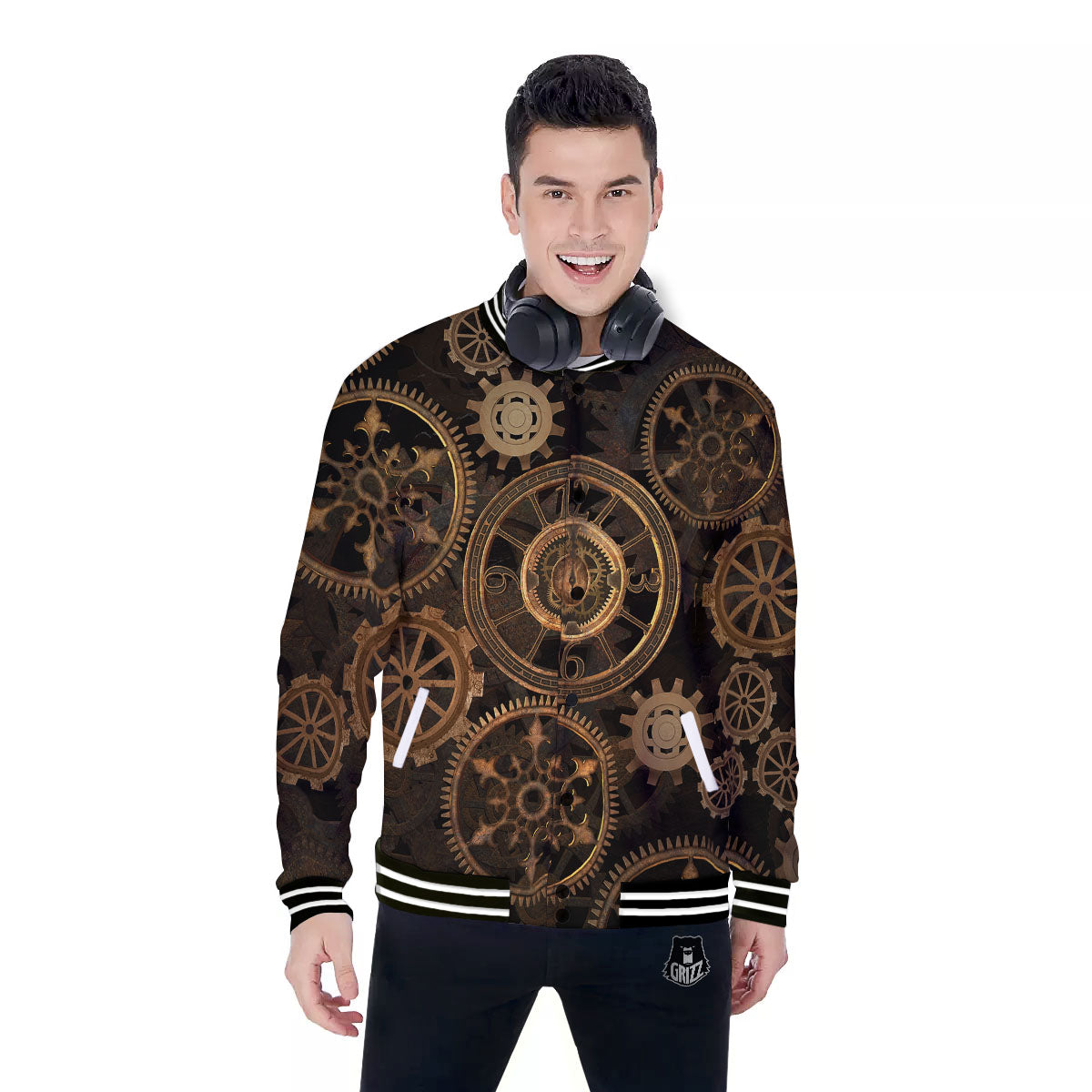Steampunk Gears Vintage Print Baseball Jacket-grizzshop