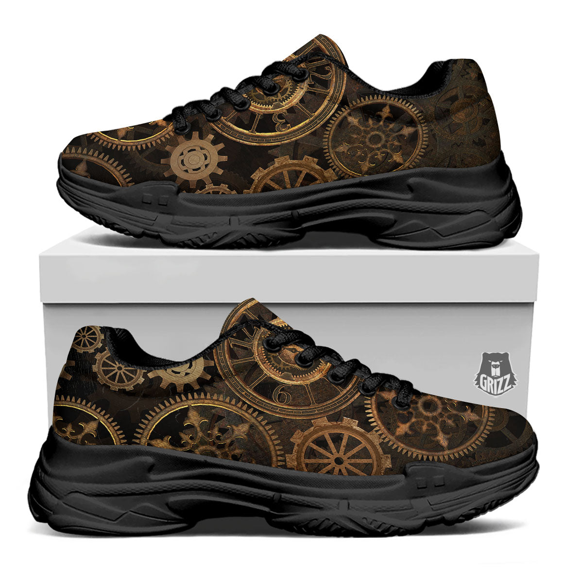 Steampunk Gears Vintage Print Black Chunky Shoes-grizzshop