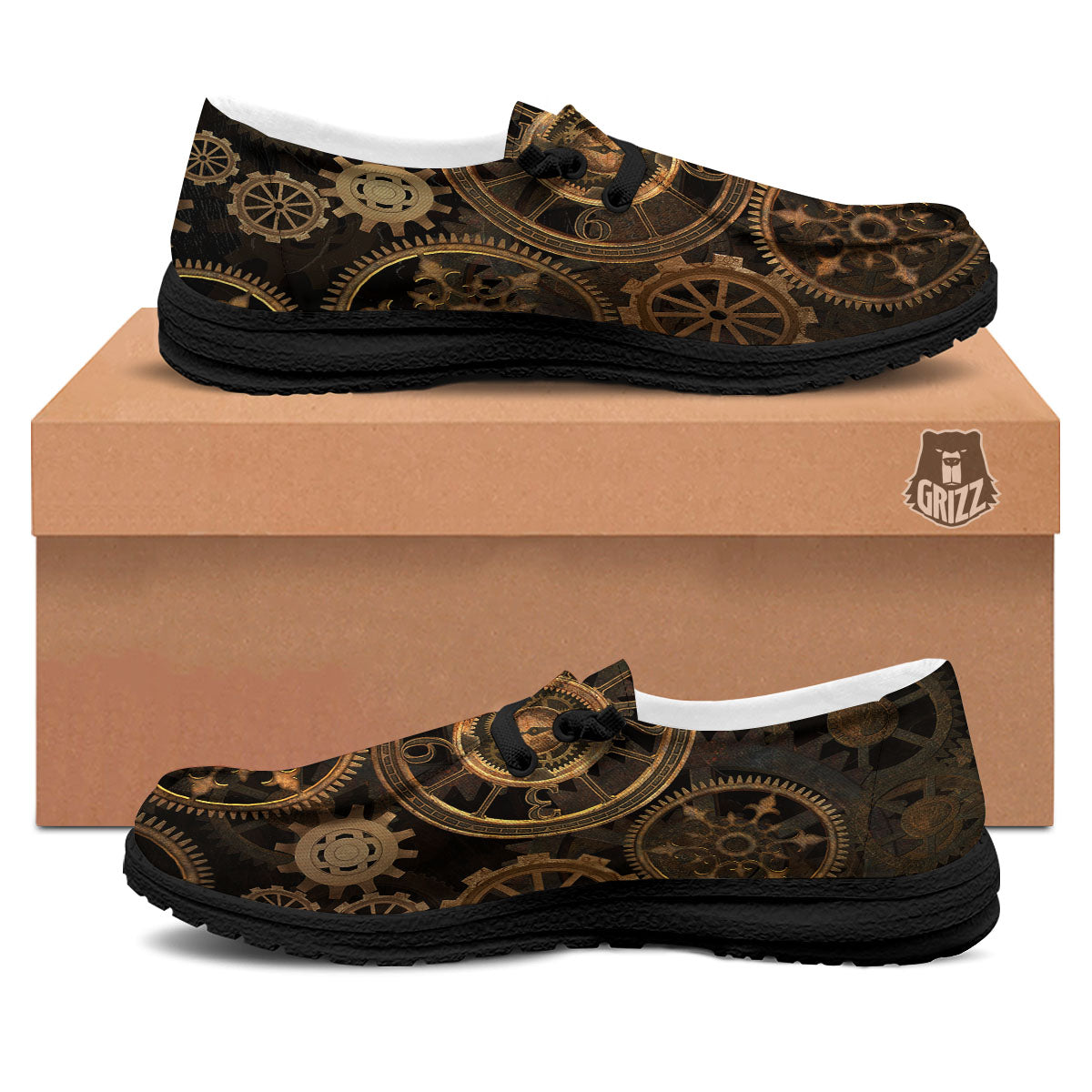 Steampunk Gears Vintage Print Black Loafers-grizzshop