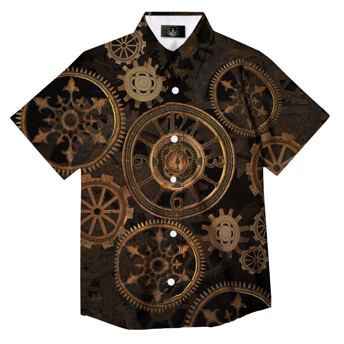 Steampunk Gears Vintage Print Button Up Shirt-grizzshop