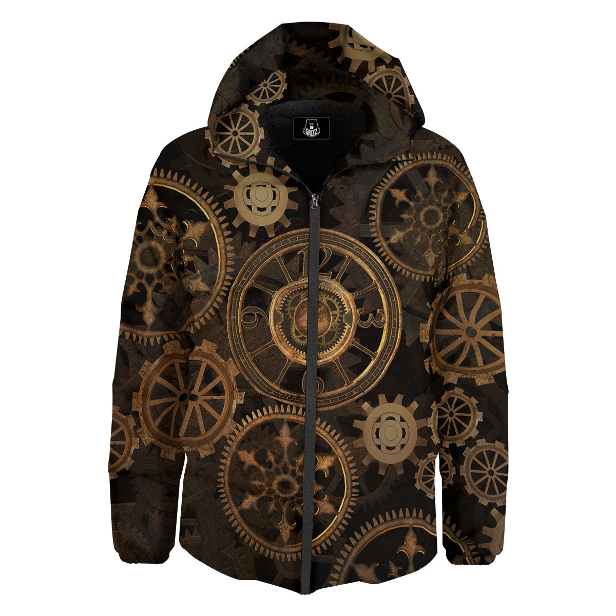 Steampunk Gears Vintage Print Down Jacket-grizzshop