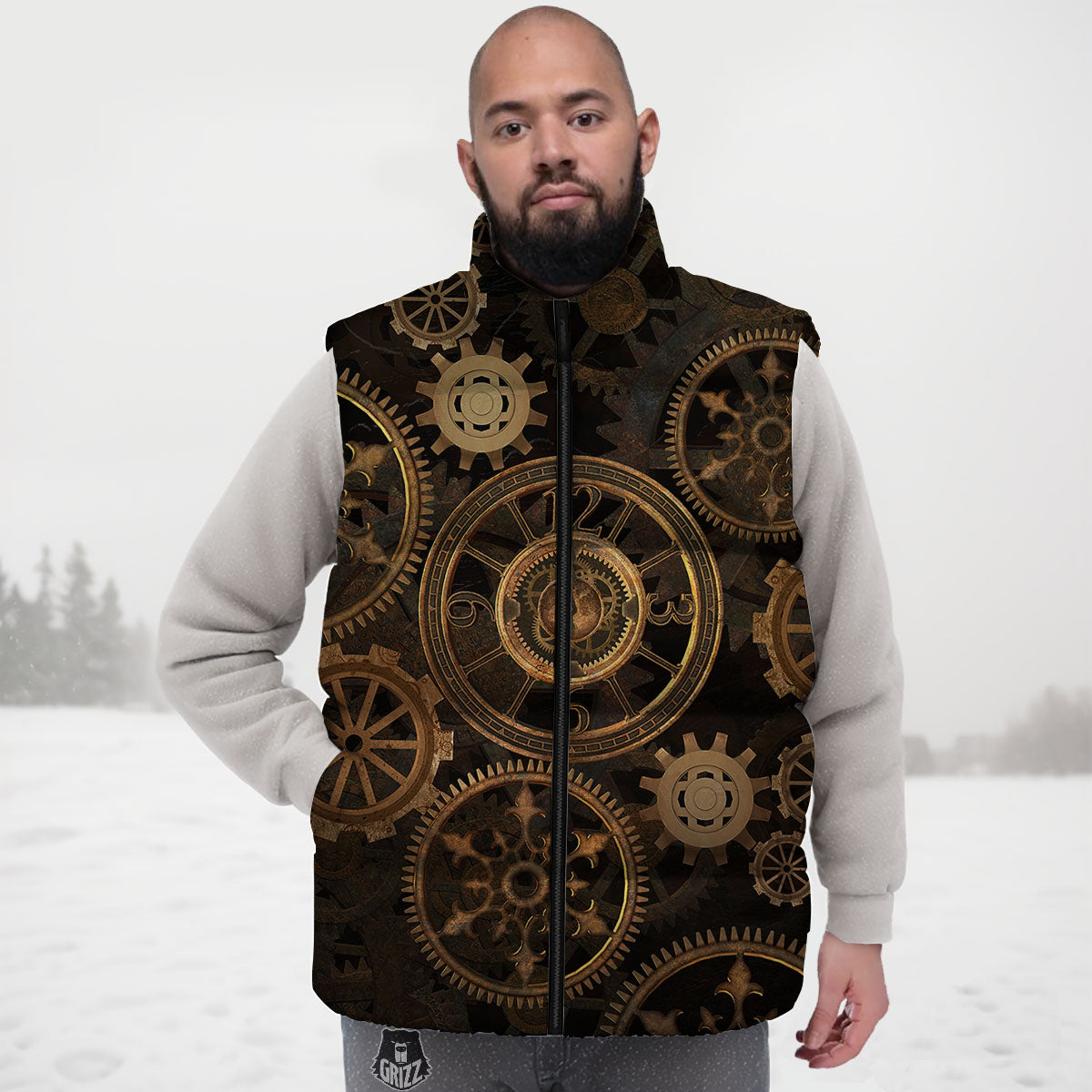 Steampunk Gears Vintage Print Down Vest