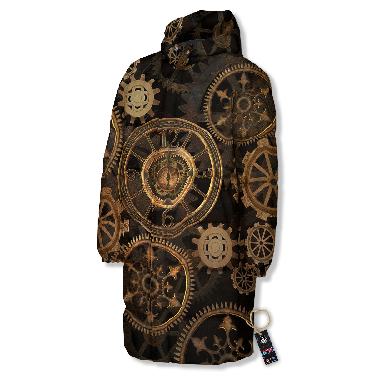 Steampunk Gears Vintage Print Long Down Jacket-grizzshop