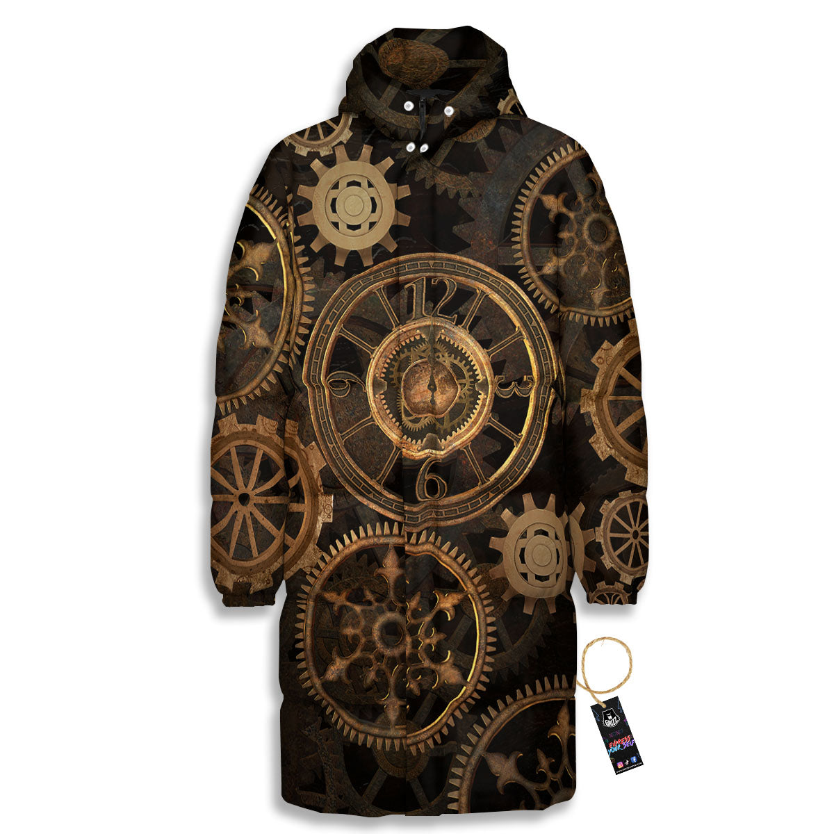 Steampunk Gears Vintage Print Long Down Jacket-grizzshop