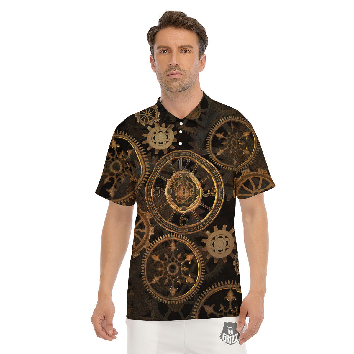Steampunk Gears Vintage Print Men's Golf Shirts-grizzshop