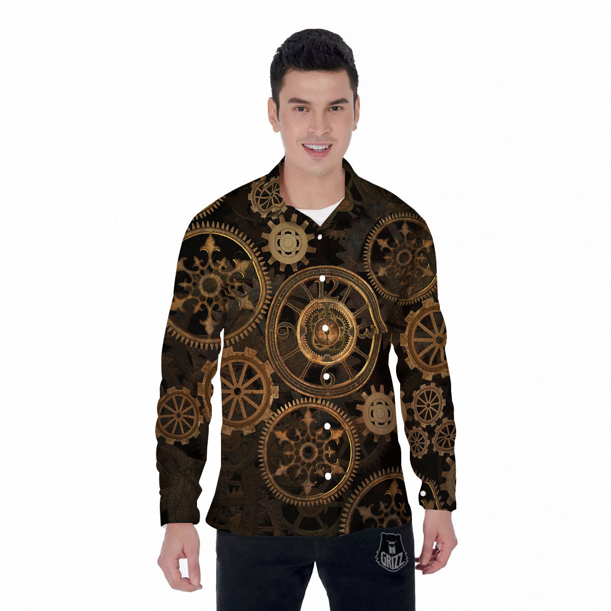 Steampunk Gears Vintage Print Men's Long Sleeve Shirts-grizzshop
