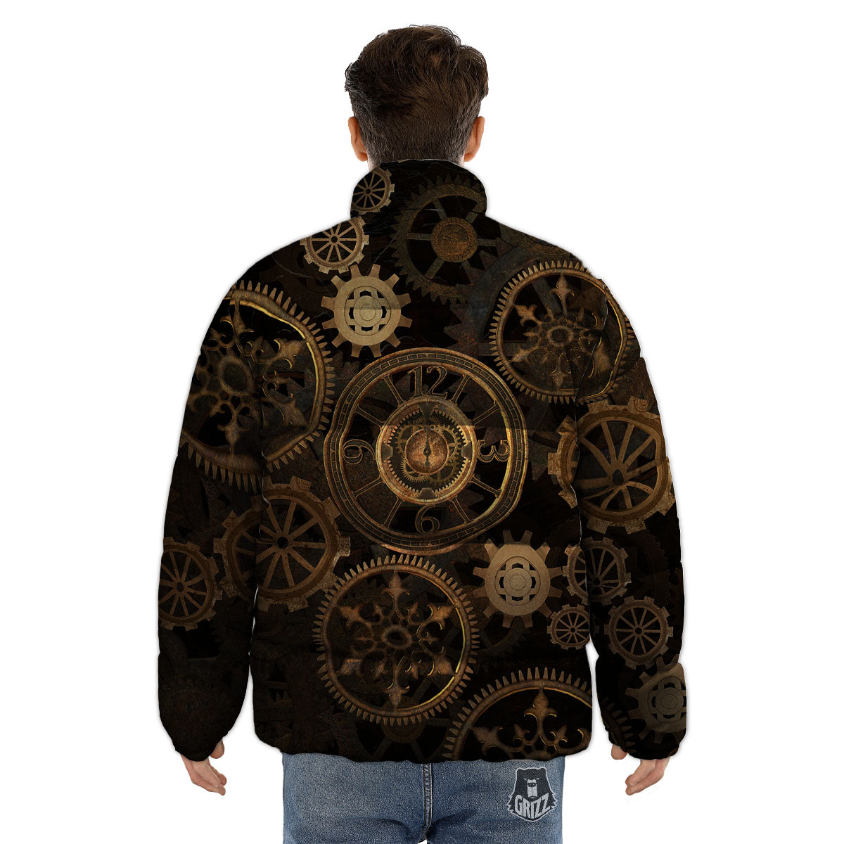 Steampunk Gears Vintage Print Puffer Jacket-grizzshop