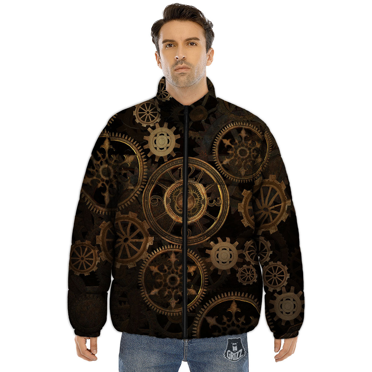 Steampunk Gears Vintage Print Puffer Jacket-grizzshop