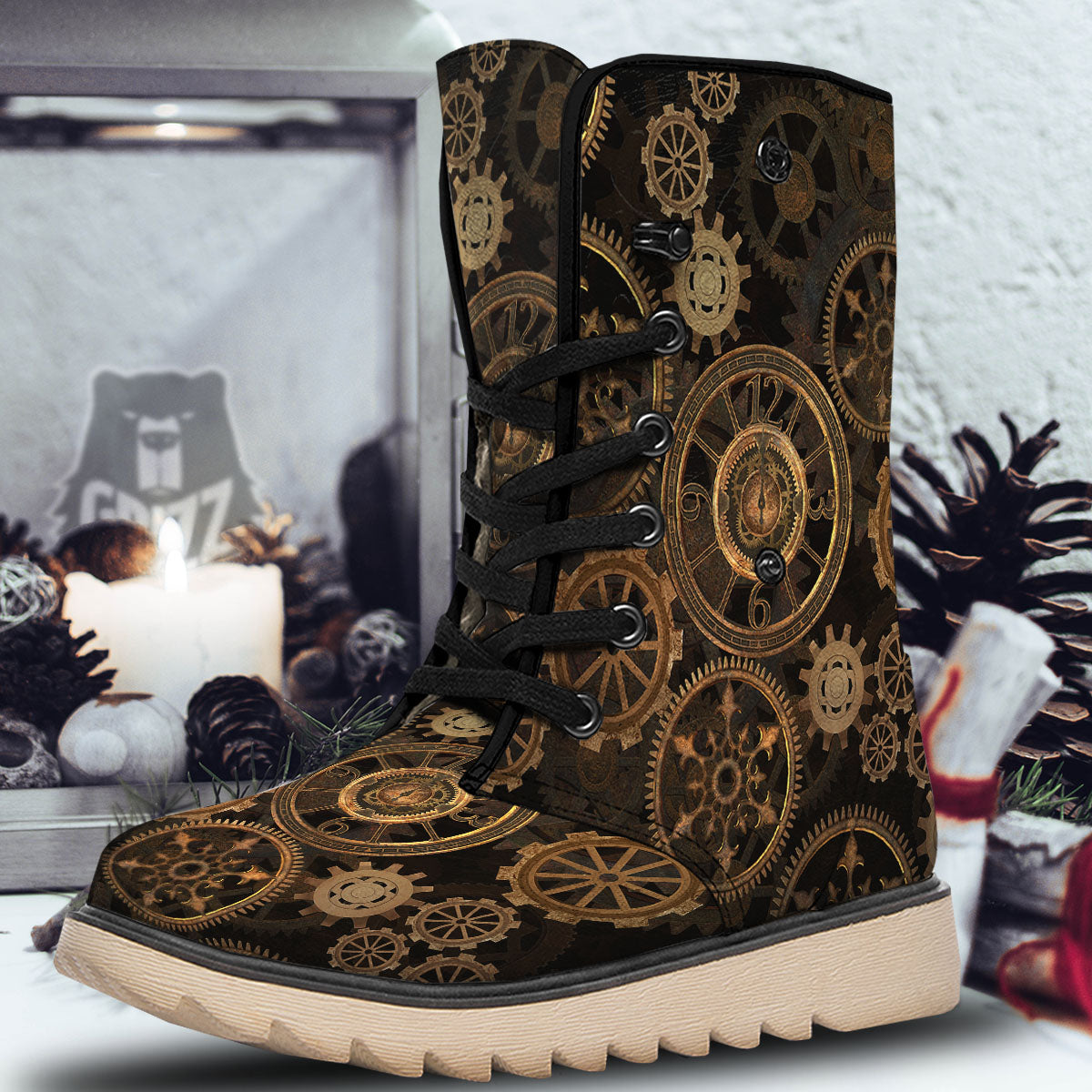 Steampunk Gears Vintage Print Snow Boots-grizzshop