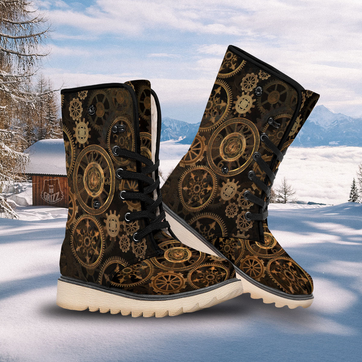 Steampunk Gears Vintage Print Snow Boots-grizzshop