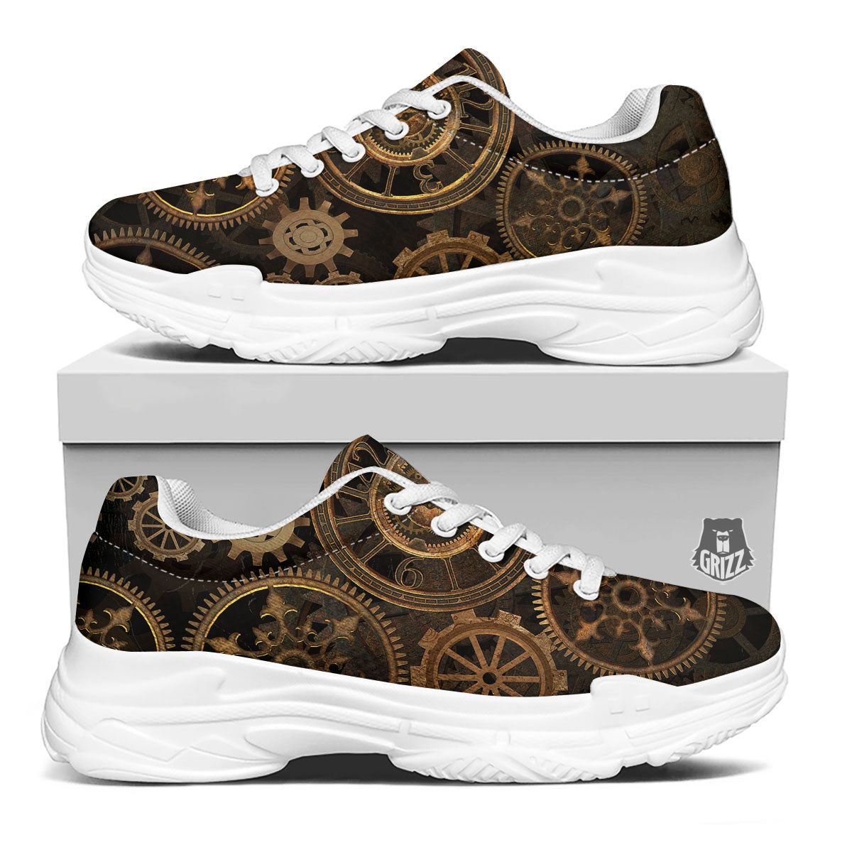 Steampunk Gears Vintage Print White Chunky Shoes-grizzshop