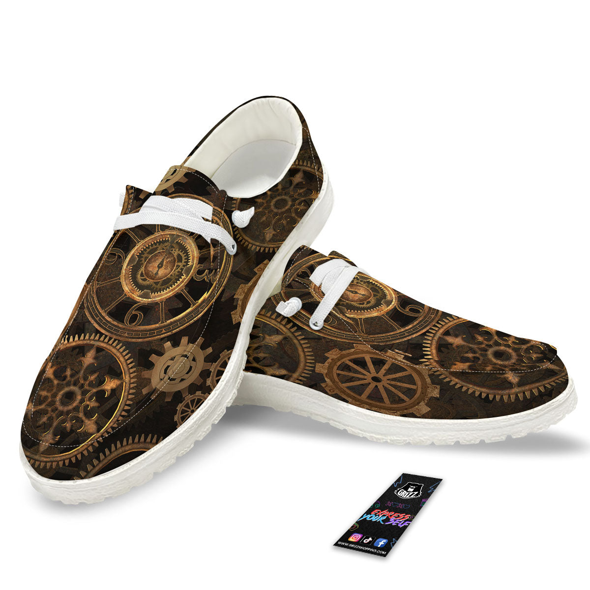 Steampunk Gears Vintage Print White Loafers-grizzshop