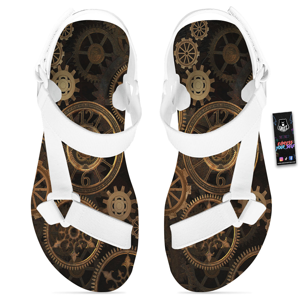 Steampunk Gears Vintage Print White Open Toe Sandals-grizzshop