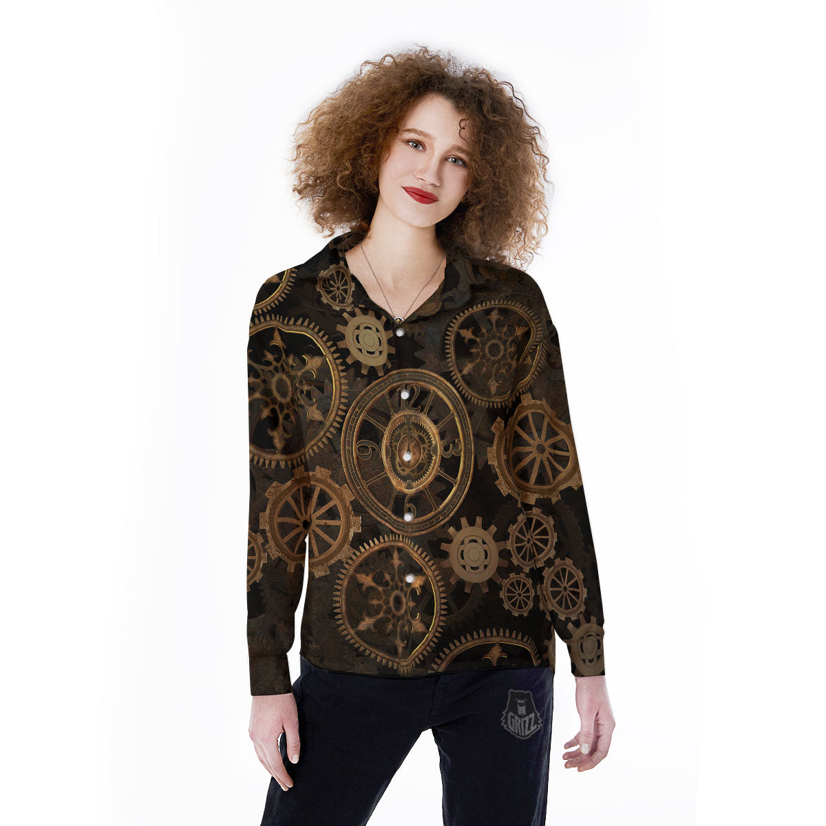 Steampunk Gears Vintage Print Women's Long Sleeve Shirts-grizzshop