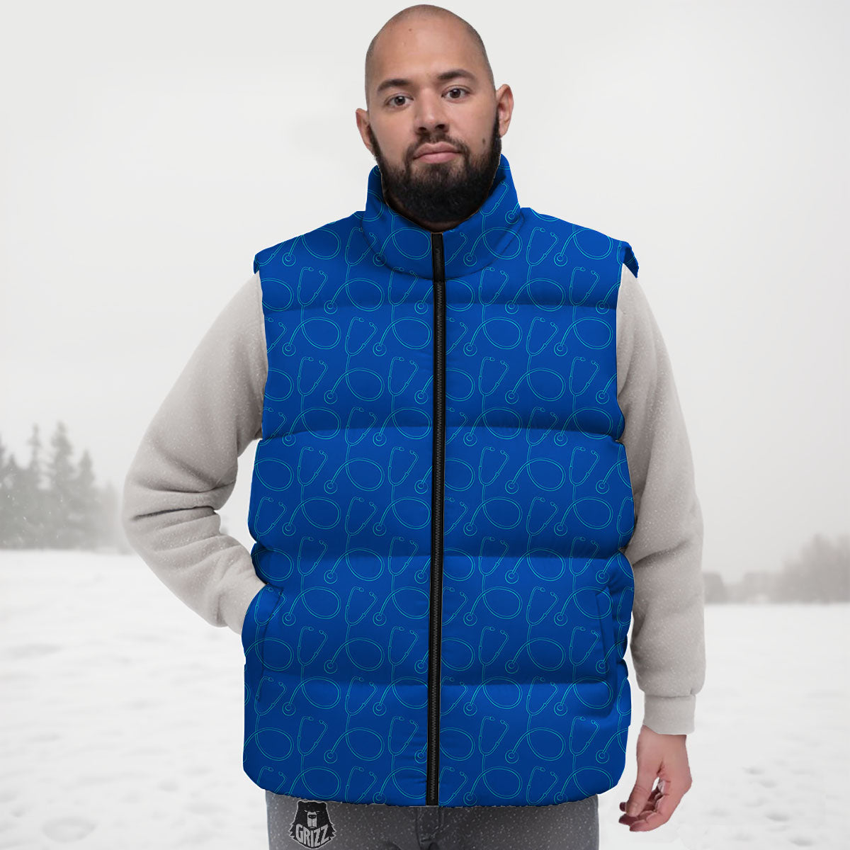 Stethoscope Blue Print Pattern Down Vest-grizzshop