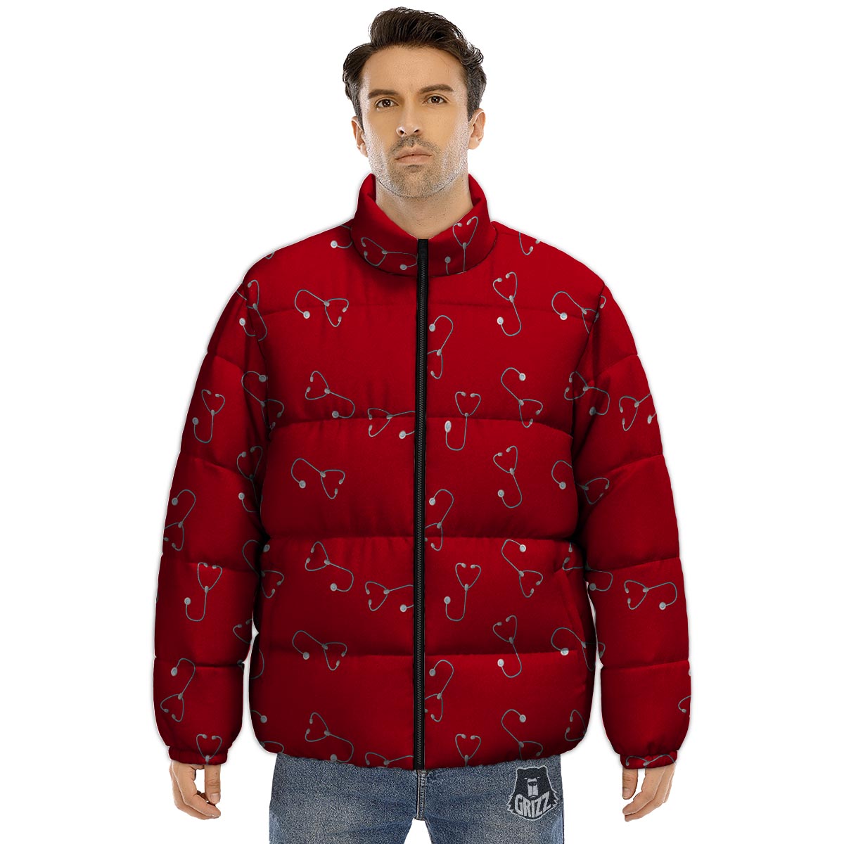 Stethoscope Red Print Pattern Puffer Jacket-grizzshop