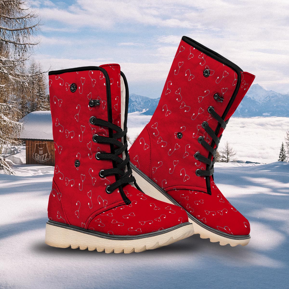 Stethoscope Red Print Pattern Snow Boots-grizzshop