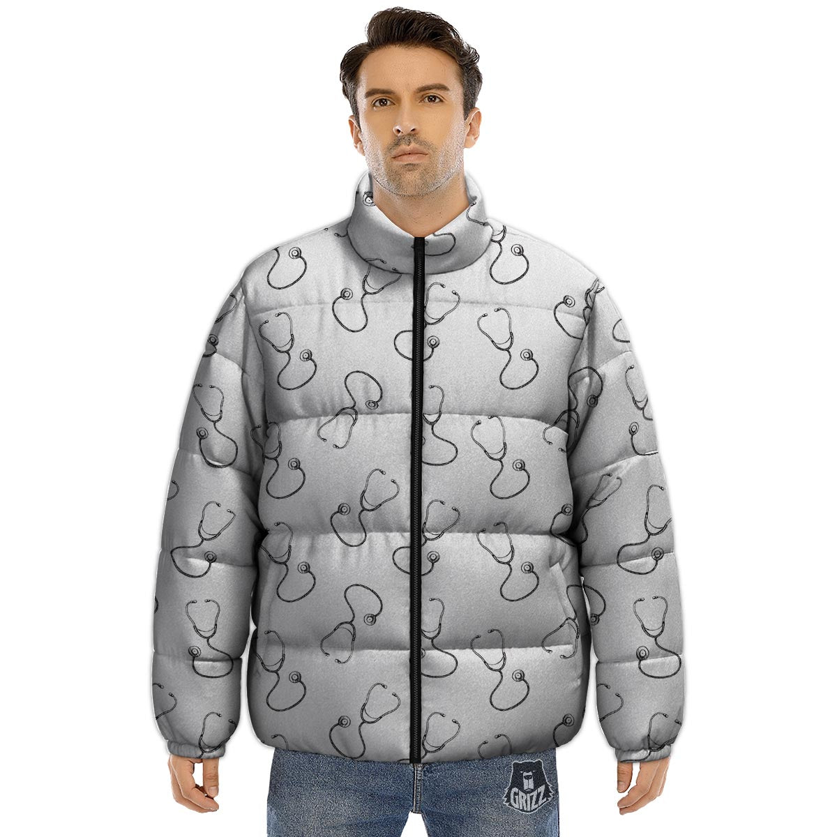Stethoscope Sign Print Pattern Puffer Jacket-grizzshop