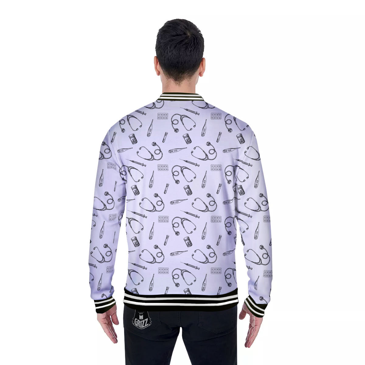 Stethoscope White And Black Print Pattern Baseball Jacket-grizzshop