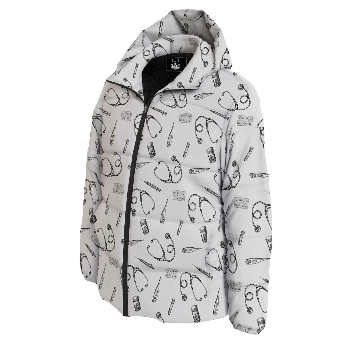 Stethoscope White And Black Print Pattern Down Jacket-grizzshop