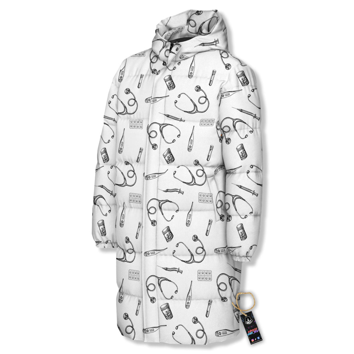 Stethoscope White And Black Print Pattern Long Down Jacket-grizzshop