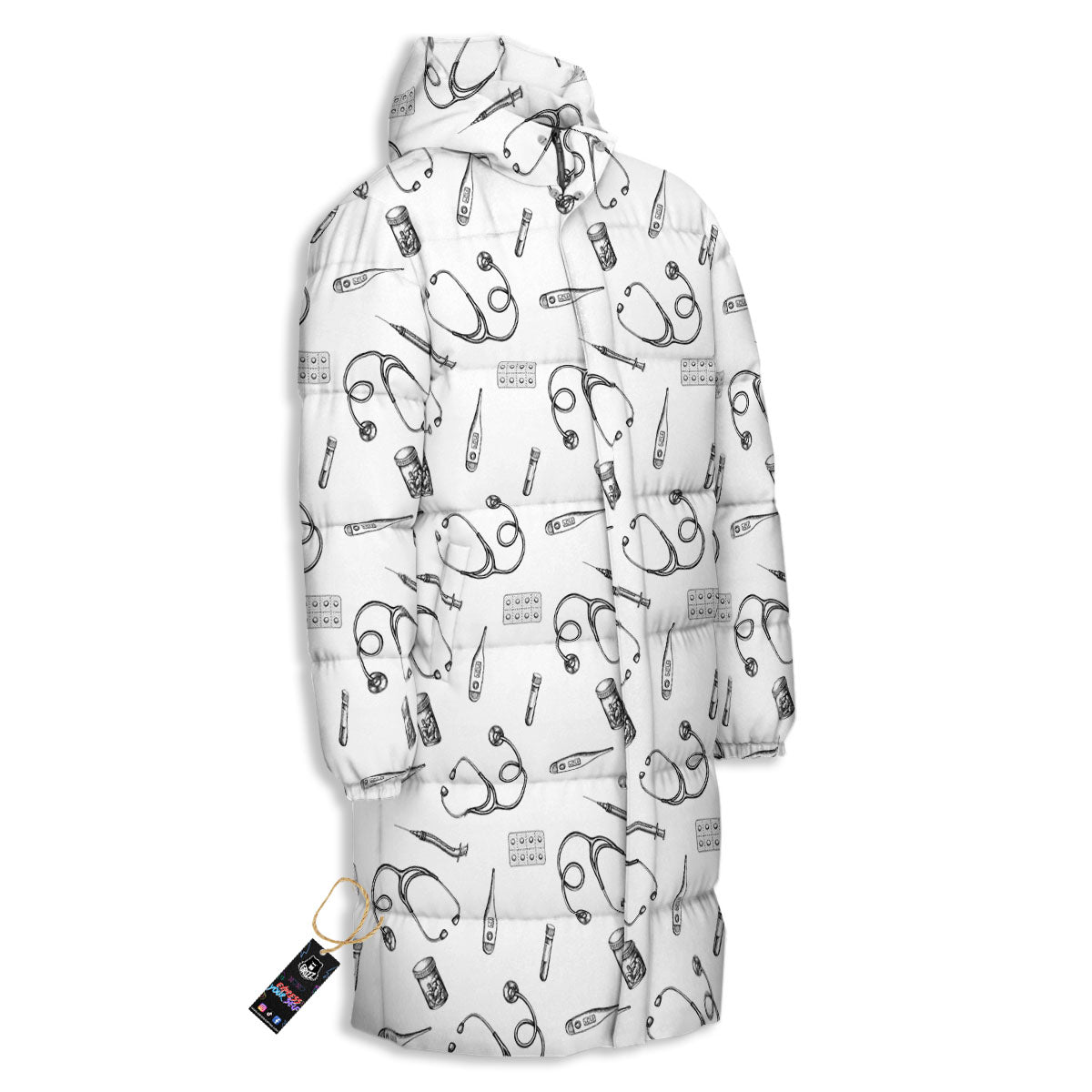 Stethoscope White And Black Print Pattern Long Down Jacket-grizzshop