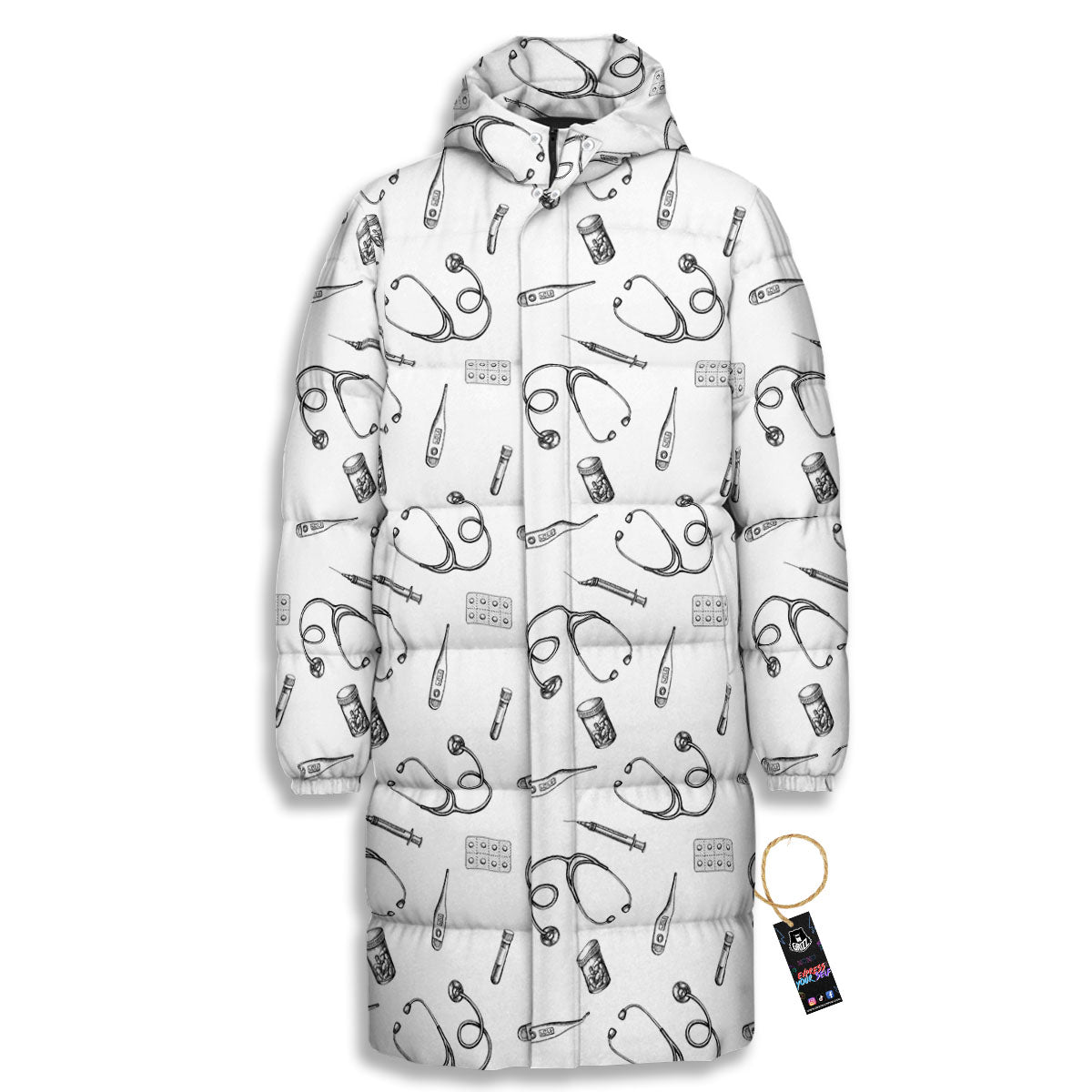 Stethoscope White And Black Print Pattern Long Down Jacket-grizzshop